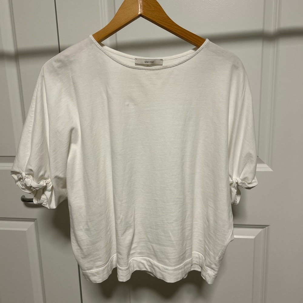 OAK + FORT Women's Wide White T-Shirt Top With Elastic Sleeves